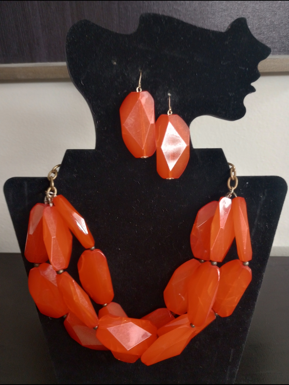 Bold Orange Faceted Statement Bead Necklace & Earring Set!.